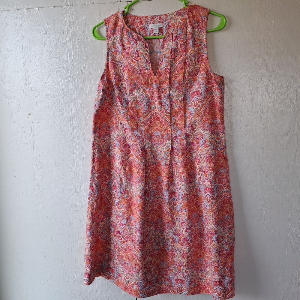 J Jill Love Linen Paisley Sleeveless Split Neck Summer Midi Dress SZ XS